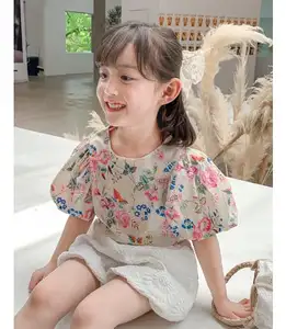 Children's clothing 2022 spring and summer new girls' floral puff sleeve top and lantern shorts suit american clothes