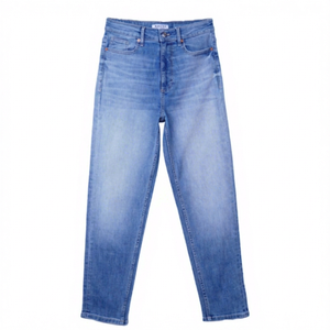 Jean en denim de coton coupe droite slim pour femme, taille haute, délavé, avec rivets, Coolmax régulateur de température, longueur intégrale, idéal pour les soirées décontractées - Product Image 1