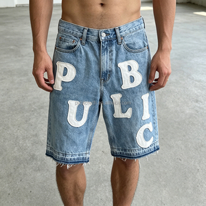 Professional Clothing Manufacturer High-waist Jean Jorts Custom Streetwear Applique Acid <b>Wash</b> Distressed Men Baggy Denim Shorts - Product Image 3