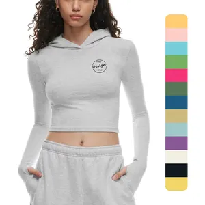 Hot Sale High Quality Custom Logo Cotton French Terry Plain Sweatshirt Slim fit Crop Top Custom Women hoodie with glove