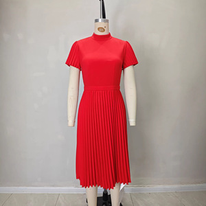 Abito Estivo da Donna Stile Francese, Maniche Corte, Vita Alta, Vintage Rosso, Silhouette Dritta, Casual in Maglia Plissettata - Product Image 3
