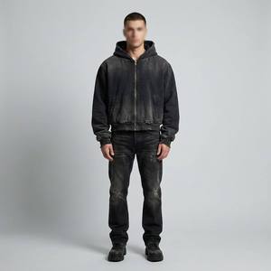 Sudaderas con capucha para hombre, personalizadas al por mayor, de algodón French Terry, estilo streetwear Y2K grunge, con lavado ácido y efecto desgastado, de corte holgado y con cremallera. - Product Image 3