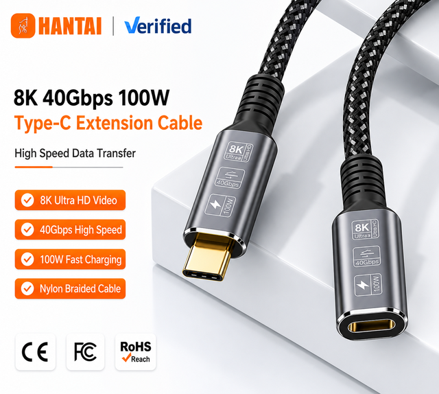 40Gbps USB4 Extension Cable 8K Video 100W PD Fast Charging Braided Nylon Cord Compatible Thunderbolt 4 SSD Hub for Computer