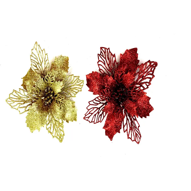 17cm Artificial Christmas Red Glittered Poinsettia Flowers For Christmas Tree decoration Ornaments