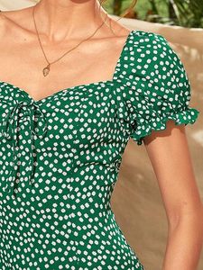 Robe d'été décontractée pour femme, style bohème, imprimé floral, manches bouffantes, longueur genou, vert exquis, vintage - Product Image 5