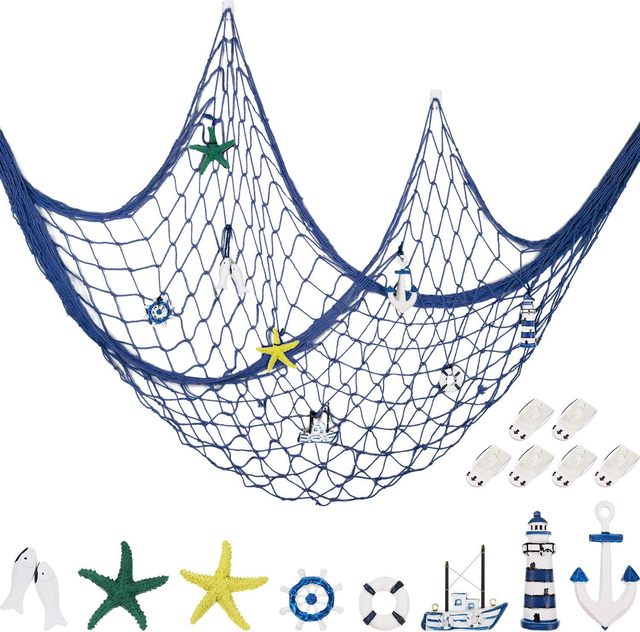 Natural Fish Net Decoration Wall Hanging Cotton Fishnet Decor Hawaiian, Nautical Ocean Theme Beach Bash Party Decoration
