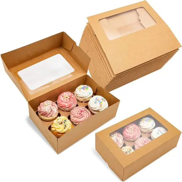 Großhandel gedruckt PVC-Fenster lang 6 Cupcake-Verpackungs box Kraft papier benutzer definierte Cupcake-Boxen mit Teiler