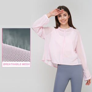 Fermeture éclair antidérapante haut de sport pour <span class=keywords><strong>femme</strong></span> poignets serrés vêtements de Yoga à manches longues poche latérale crème solaire coupe ample pull à capuche - Product Image 2