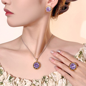 Fashion Rose Cut 16-12mm Purple Zirconia Gold Plated Star Necklace <b>Earring</b> Ring Set for Wedding & Party - Product Image 3
