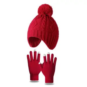 女式冬季围巾套装长亚克力手套和Pom豆豆取暖器可定制标志针织帽和女童手套套装