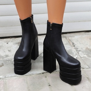 Botines de Plataforma Gruesa de Triple Capa Talla Grande 46 de Ajuste Ancho para Mujer, Zapatos de Tacón Alto Grueso de Charol, Botines Cortos Elegantes - Product Image 5