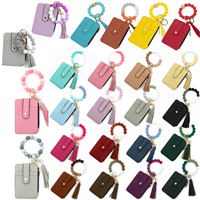 Verticale ID-creditcardhouder sleutelhanger siliconen kralen portemonnee portemonneetje stretch armband polsbandje PU lederen kwast sleutelhanger