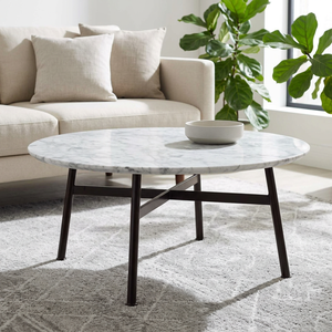 AK Brass Modern Round Iron Metal Coffee <b>Table</b> <b>Brown</b> Finish with Marble Top for Living Room Hotel Interior Furniture - Product Image 1
