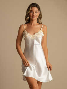 Mini camicia <span class=keywords><strong>da</strong></span> <span class=keywords><strong>notte</strong></span> con cinturino in seta pura e pizzo con retro a V Design comoda per la pelle con bretelle in seta - Product Image 6