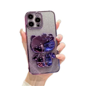 Grosir Pabrik casing ponsel berlian berkilau mewah tempat cermin rias Hello Kitty lucu untuk Iphone 14 13 Pro Xs Max