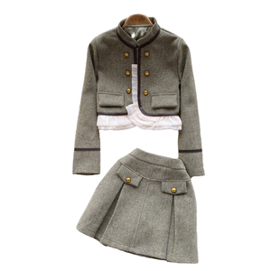 Conjunto de Dos Piezas para Mujer: Abrigo de Manga Larga con Cuello Alto + Falda Midi Plisada Ajustada con Volantes, Estilo Preppy, Color Sólido, Verano - Product Image 1