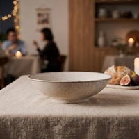 Ensemble d'assiettes à dîner et de bols à céréales en porcelaine céramique brillante, blanc crème, à bordure ronde à bandes, pour la restauration commerciale, empilables et peu encombrantes