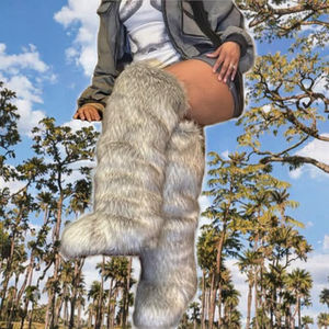 Bottes hautes plates SHIKOL en fausse fourrure pour femme, marron, noir, beige, gris, style mode, fourrure longue et moelleuse, au-dessus du genou - Product Image 2