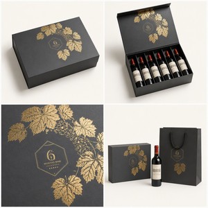 Caja de Regalo para 6 Botellas de <span class=keywords><strong>Vino</strong></span>, Cartón Rígido, Empaque Premium para Seis Botellas de <span class=keywords><strong>Vino</strong></span> Tinto con Lámina Dorada, Empaque al por Mayor - Product Image 2