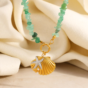 Collar con Colgante de Concha Marina con Cuentas de Piedra Verde, Estilo Bohemio, Joyería Casual para Vacaciones, Patrón de Estrella, Verano - Product Image 3