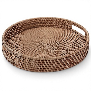 Handmade Woven Plant Fiber Round Decorative Tray With Handles Rustic Style Bamboo Rattan Craft For <b>Home</b> Decoration - Product Image 1
