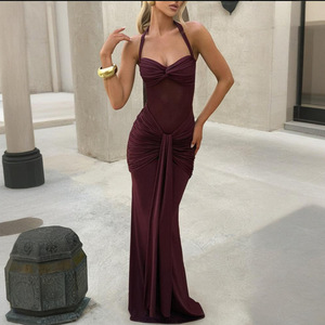 Elegante Vestido Largo de Noche para Mujer con Pliegues, Cuello Halter, Capa Transparente y Espalda Descubierta, Estilo Banquete - Product Image 1