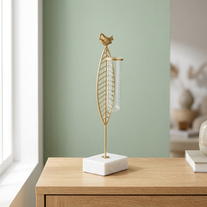 Vase de table moderne en métal avec motif d'oiseau, hauteur 39 cm, noir, porte-fleurs décoratif avec insert en tube de verre - Product Image 6