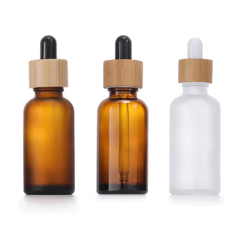 10ml 15ml 20ml 30ml 50ml 100ml Frosted Wooden Lid Dropper Bottle Black Clear Amber Essential Oil Glass Bottle With Bamboo Cap