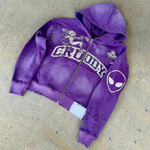 Custom Streetwear Rhinestone Pullover Hoody Jacket Print Oversized <b>French</b> Terry Heavyweight <b>Vintage</b> Acid Wash Distressed Hoodie - Product Image 2