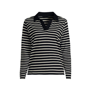 Polo de Manga Larga a Rayas para Mujer, Tela de Peso Medio, Uso Versátil, Oficina, Casual, Viajes, Comodidad, Textura de Punto a Rayas - Product Image 1