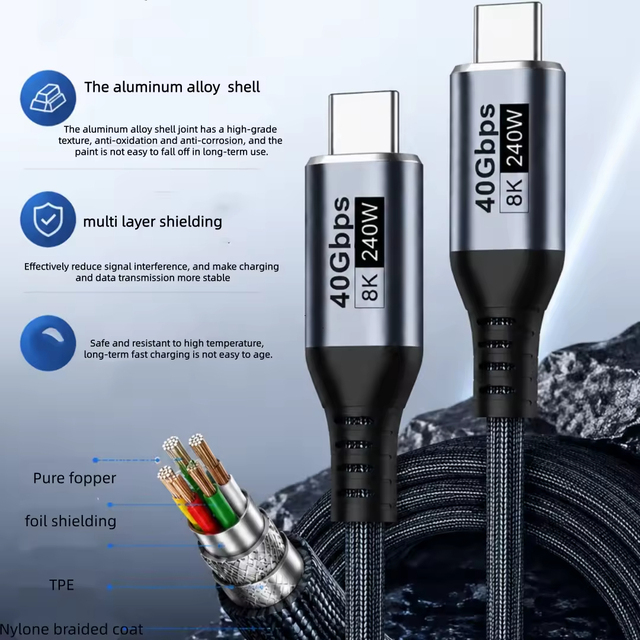 High Quality Type-C Braided Nylon USB4 Full Function Charging Cable PD 240W 40Gbps Data Transfer 8K60Hz Video Output Compatible