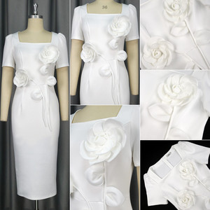 Robes de soirée d'<span class=keywords><strong>été</strong></span> tendance pour femmes, décontractées et élégantes, col carré, <span class=keywords><strong>manches</strong></span> <span class=keywords><strong>courtes</strong></span>, <span class=keywords><strong>robe</strong></span> de bureau ajustée à fleurs 3D - Product Image 6