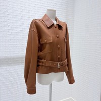 Blouson en cuir de mouton orange pour femme, simple boutonnage, avec ceinture et poches poitrine, coupe-vent et imperméable, idéal pour le quotidien – Collection Factory Outlet