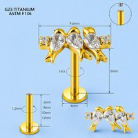 Anting-anting tusuk titanium ASTM F136 Three Birds Zircon Flat Back berlapis emas 24K, perhiasan tubuh, hadiah grosir
