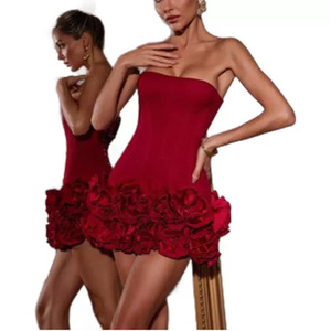 Vestido Mini Corsé sin Tirantes para Mujer, Vestido de Fiesta Ajustado con Volantes de Rosas 3D, Vestido de Noche Elegante sin Espalda con Cordones para Club - Product Image 5