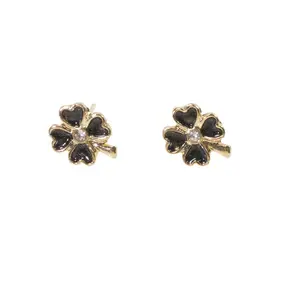 Tiny Clover Petite Stud Earrings Black Enamel Rhinestone Four Leaf Clover Gift