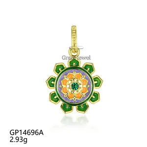 Grace Jewelry Classic Traditional Lotus Flower Shape Green Nano Crystal Fine 925 Sterling Silver Pendant Jewelry