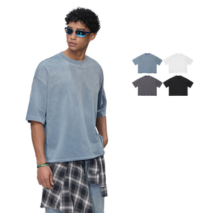 T-shirt vintage délavé uni à manches courtes, coupe ample unisexe en coton peigné respirant pour homme - Product Image 4