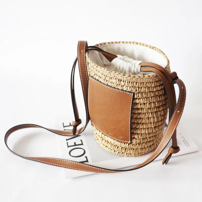 Hand-made Bucket Straw Bag Top Handle Handbags Luxury Designer Woven Shoulder Bag Raffia Summer Vacation Casual Bags for Woman