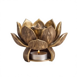 ที่วางธูปโลหะทำมือสองชั้นรูปดอกบัว พร้อมที่อุ่นเทียนทีไลท์ - Product Image 1