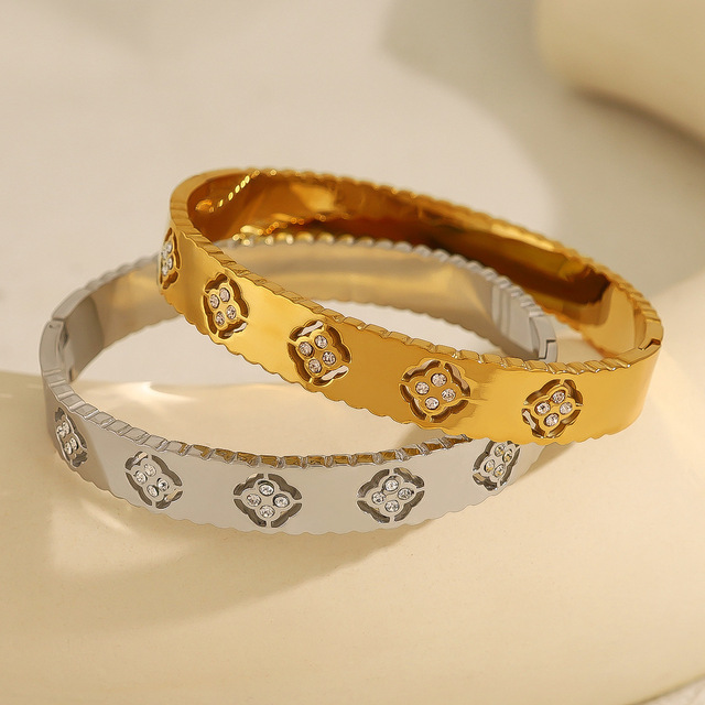 Trendy Women's Stainless Steel Cuff Bracelet with Crystal and Rhinestone Waterproof & Sweatproof