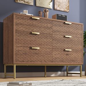 Cómoda Moderna de 6 Cajones con Patrón Geométrico en Relieve, Tiradores Metálicos Dorados, Patas y Estructura de Aglomerado, para Dormitorio, Sala de Estar o Entrada - Product Image 2