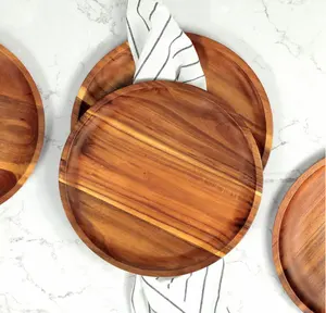 Round Acacia Food Snack Plate Wooden Charger Plate Wedding Decoration Wooden Dinner Plate