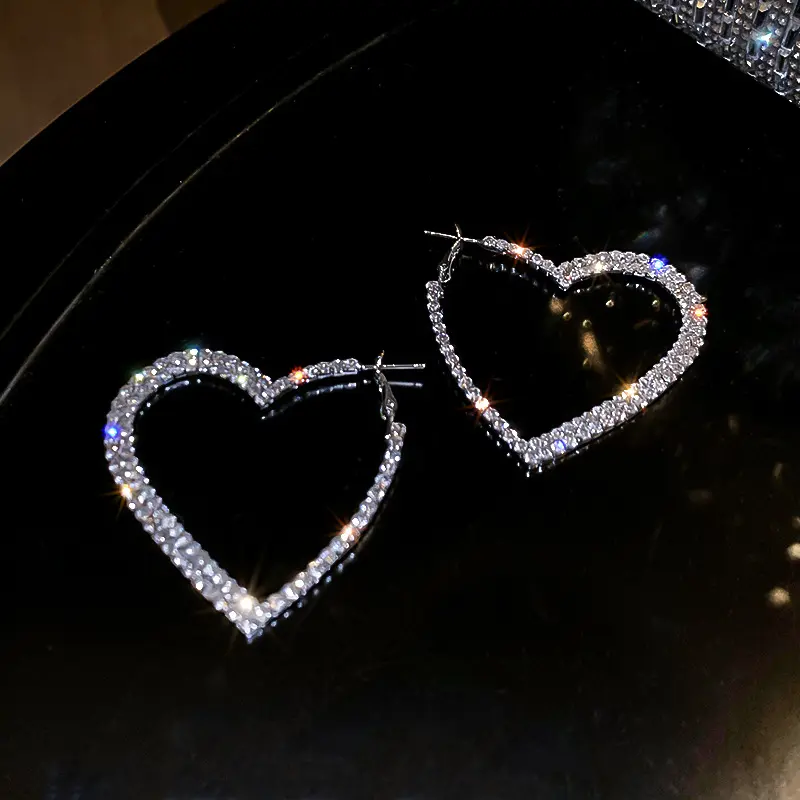 Statement Sparkle Bling Rhinestone Crystal Heart Earrings Iced Out 925 Sterling Silver Heart Hoop Earrings Jewelry