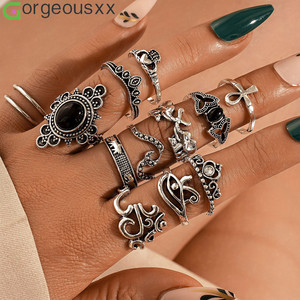 [Gorgeousxx] Anillo Retro Antiguo de Plata con <span class=keywords><strong>Ojo</strong></span> de Hóno y Cruz de Flores <span class=keywords><strong>para</strong></span> Mujer, Conjunto de Anillos, Joyería - Product Image 1