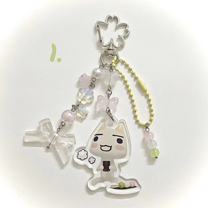 Collier de perles et porte-clés en alliage, style pastoral japonais, motif chat blanc Hatchi Wali de dessin animé, rose doux, motif cœur-fleur - Product Image 3