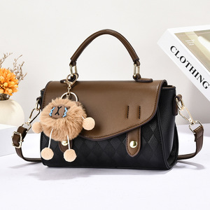 Bolso de Mano Tipo Satchel para Mujer, con Bloques de Color, Adorno de Pompón, Correa Extraíble, Cierre de Solapa Clásico, para Uso Diario - Product Image 3