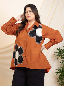 Chemise Femme Grande Taille en Coton Uni avec Appliques Florales et Patchwork, Col Rabattu, Manches Bouffantes Longues, Style Occidental Décontracté pour Soirée - Product Image 5