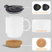 Livraison à temps, logo personnalisé, tasse à café en céramique blanche brillante/mate de 15 oz avec fond en liège et couvercles noirs pour cadeau d'entreprise