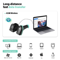 Escáner de Código de Barras Industrial Inalámbrico de Largo Alcance 433M, CMOS CIS USB, Lector de Códigos 1D y 2D, Portátil, para Almacén